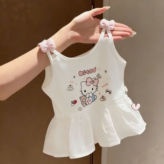 Bộ Đồ Mùa Hè Hoạt Hình Cho Trẻ Em Bé Gái, Áo Vest Đính Nơ Xinh + Áo Thun Tay Ngắn Cotton Nguyên