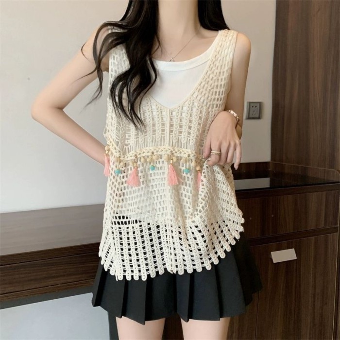 Dây treo rỗng, áo tua rua dáng rộng, áo vest, áo móc hoa xếp chồng phong cách dân tộc cổ điển
