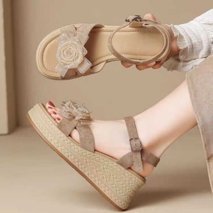 Dép Handmade hở mũi nền tảng đế hoa dép rơm siêu cao gót đế nêm