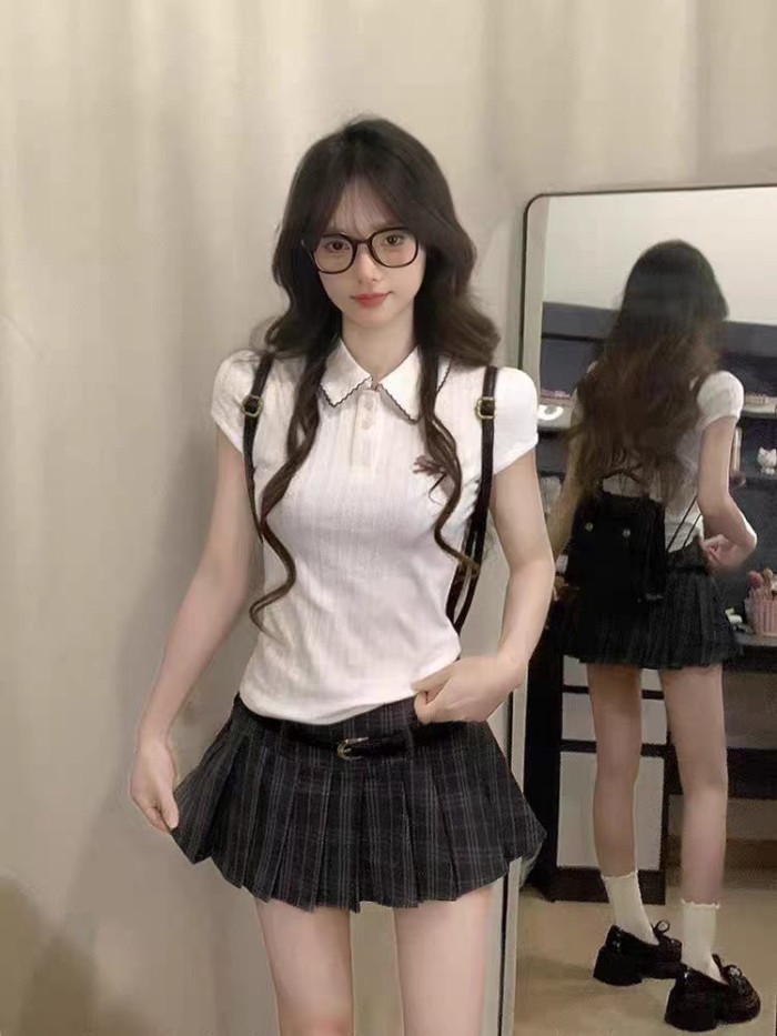trường đại học kẻ sọc retro lưng thấp xếp li ngọt ngào hấp dẫn váy ngắn chống lộ váy dành cho nữ