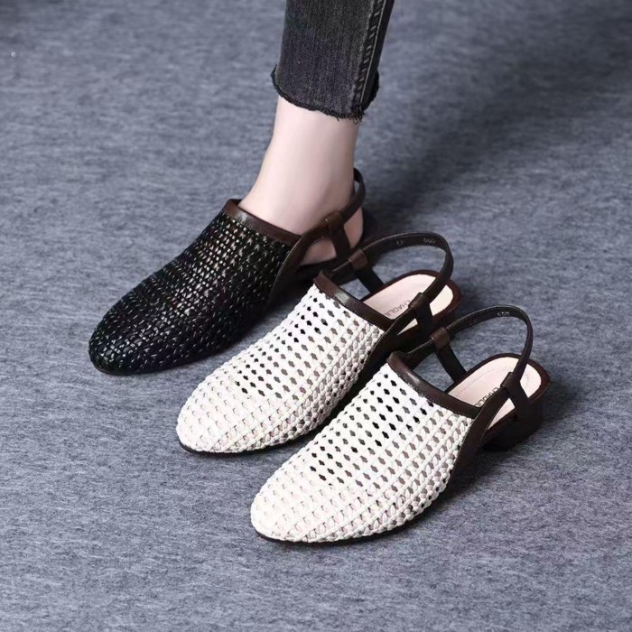 Giày sandal nữ mũi tròn đế thấp dệt lưới rỗng mùa hè, giày lười nhẹ và thoải mái