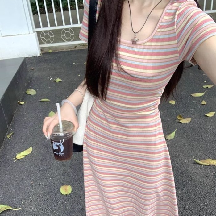 Long Slim Summer Sweet Age-reducing Rainbow Skirt Slim And Slim Temperament Striped Color Dre