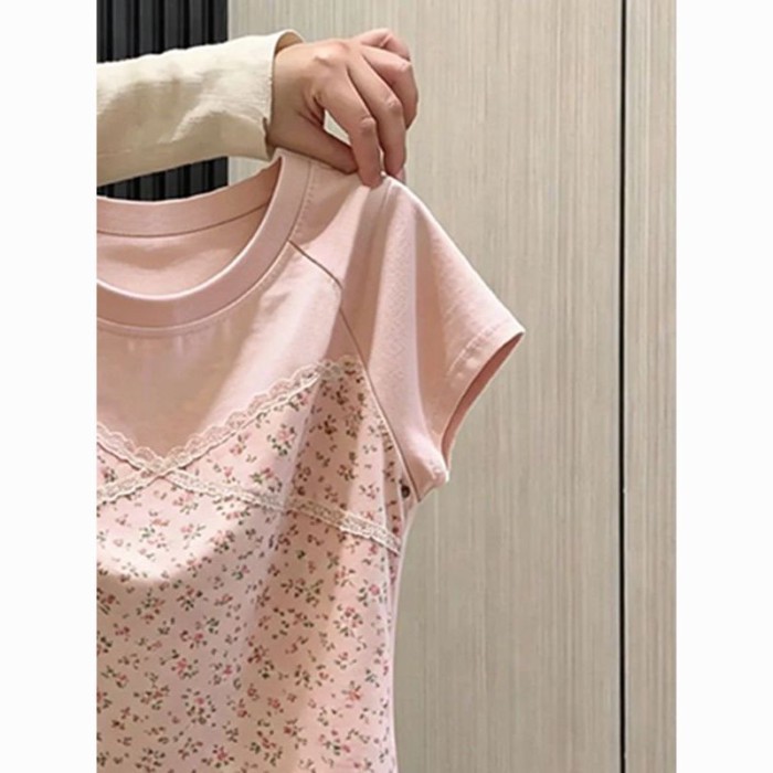 Áo thun ngắn tay phối ren hoa dành cho nữ mùa hè cỡ lớn thời trang đa năng