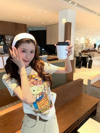 American Sweet And Cool Denim Kitty Pattern Short-sleeved T-shirt For Women Summer New Korean