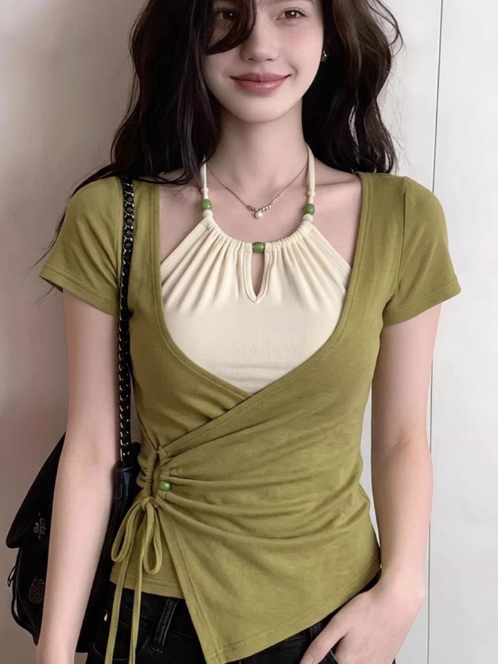 Áo thun ngắn tay hai dây giả hàn quốc  dành cho nữ đầu hè thiết kế độc đáo đẹp khí chất giảm t