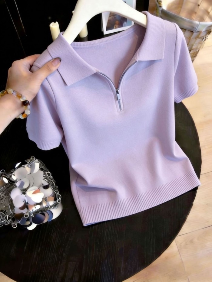 Áo thun ngắn tay dáng rộng và mỏng nửa hở cổ dây kéo Ice Silk Áo thun nữ đa năng