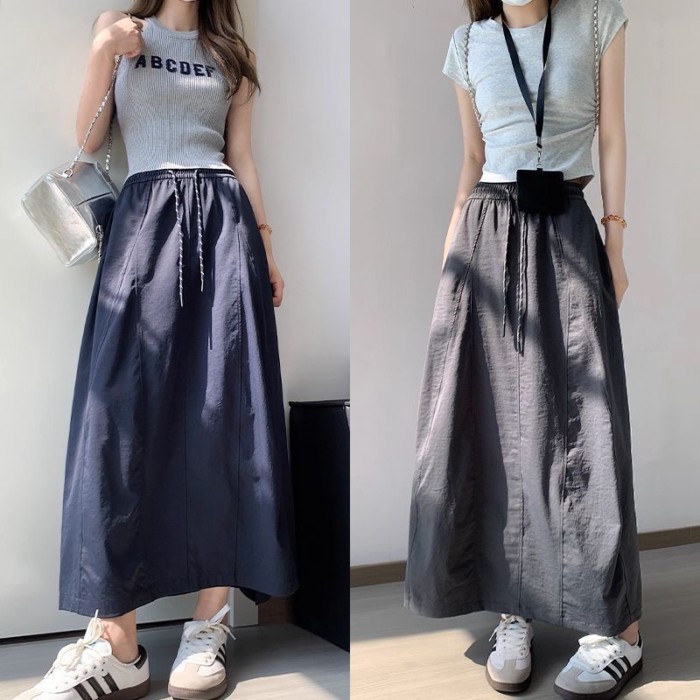 Váy bảo hộ lao động nhanh khô hải quân cho nữ, váy bí ngô mùa hè, váy phồng cạp cao phong cách miền