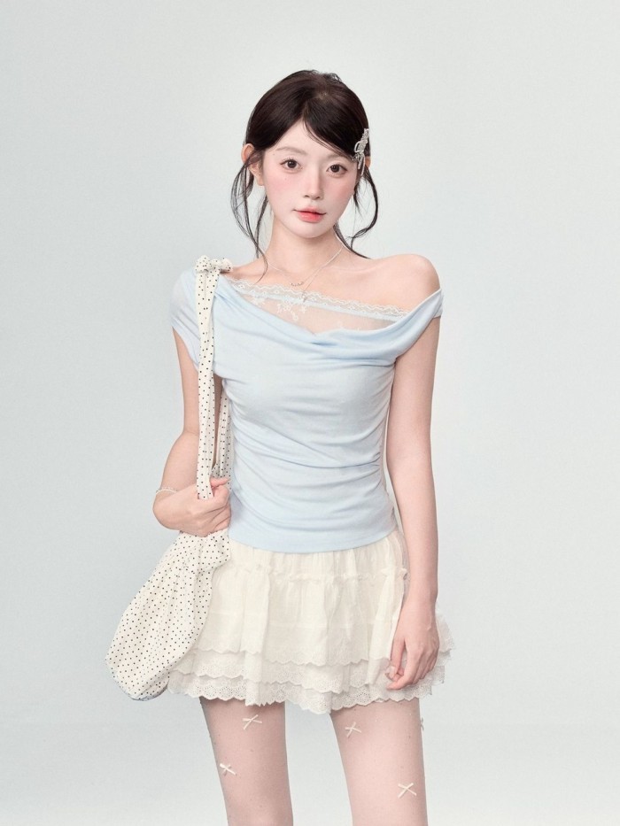 Cotton Pure Desire Swing Collar Lace Spliced Sloping Shoulder T-shirt Women's Summer New Hot