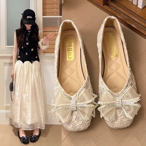 Mùa hè Giày lười đế bệt phong cách Hàn Quốc kèm váy, giày đơn nơ sequin cỡ lớn miệng nông cho