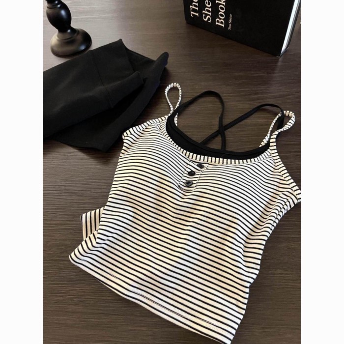 Bộ đồ ngủ hai mảnh giả sọc có miếng đệm ngực và dây treo dành cho nữ áo vest giảm béo màu trơ