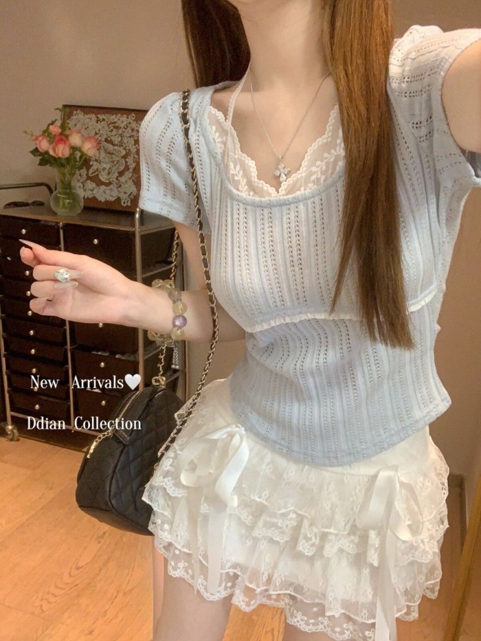 Ren Ngọt Ngào Khâu Dây Cổ Rỗng Cổ Vuông Ngắn Tay Nữ Xuân Hè Eo Thon Đáy Ngắn Top