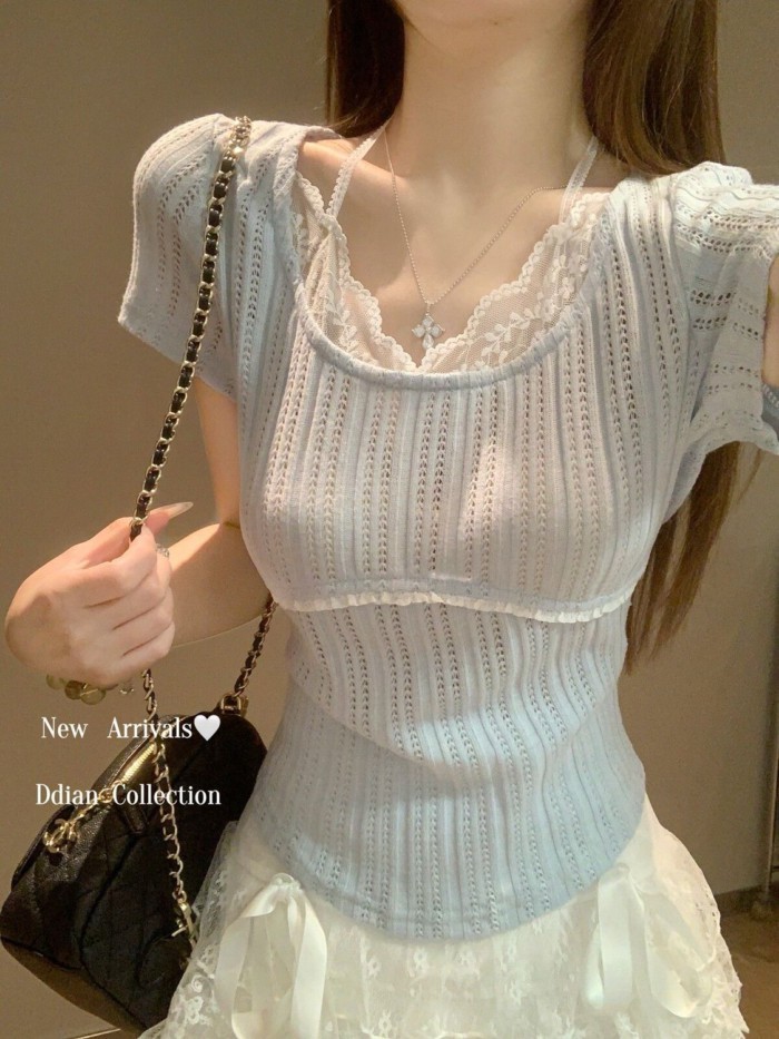 Ren Ngọt Ngào Khâu Dây Cổ Rỗng Cổ Vuông Ngắn Tay Nữ Xuân Hè Eo Thon Đáy Ngắn Top