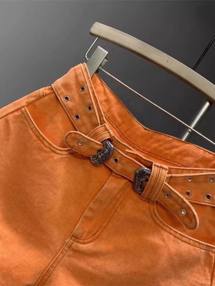 quần short denim dài phong cách mùa hè mới màu cam hot girl chân dài, lưng cao, túi rò rỉ đa năn
