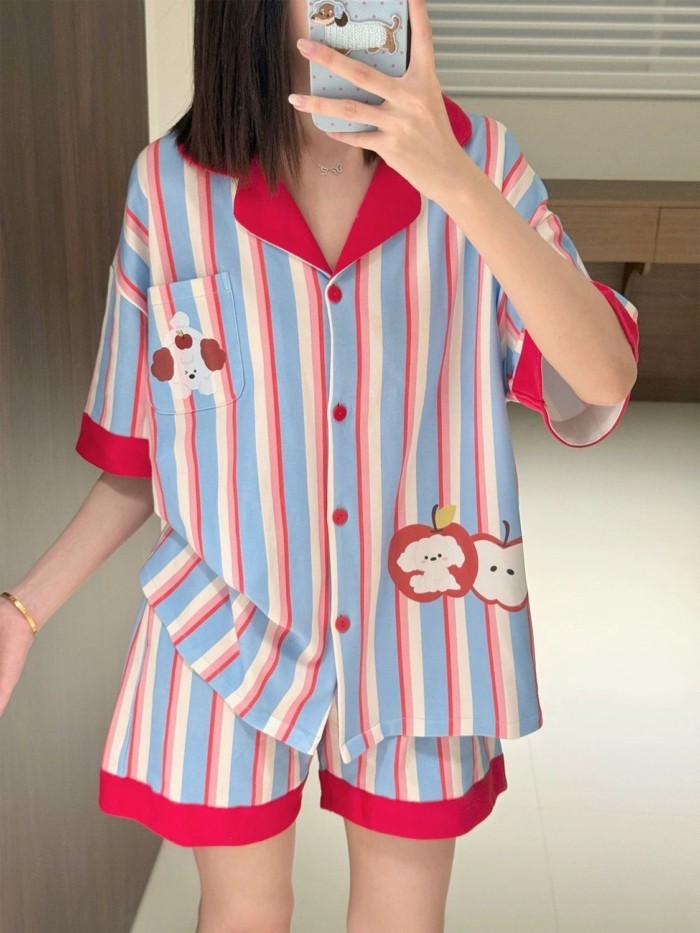 ins Korean Style Sweet Striped Apple Pajamas For Women Summer New Short-sleeved Shorts Casual