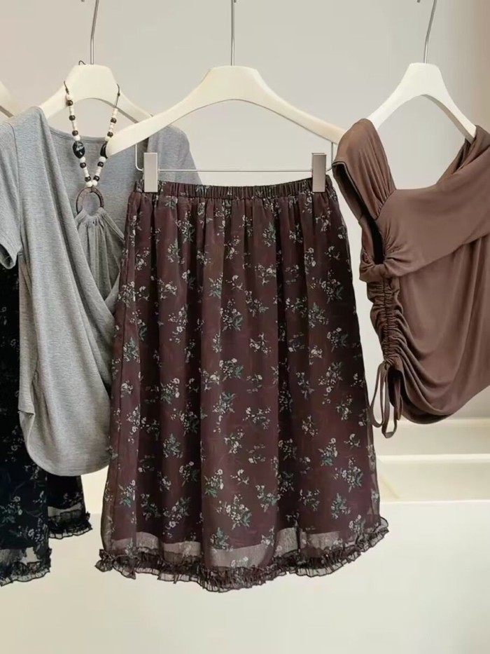 Váy hoa phong cách cổ điển viền nấm dành cho nữ mùa hè lưng cao khí chất Váy chữ A váy giữa khí chấ