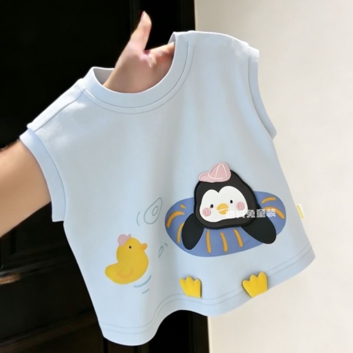 trẻ em áo thun không tay hoạt hình ba chiều mùa hè mới áo vest chim cánh cụt nhỏ dễ thương cho t