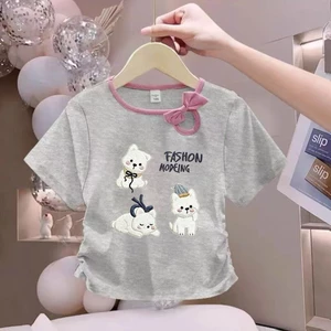 Áo cổ tròn mới cho bé gái Ice Silk Tay ngắn nơ trẻ em Áo thời trang dành cho trẻ nhỏ và vừa