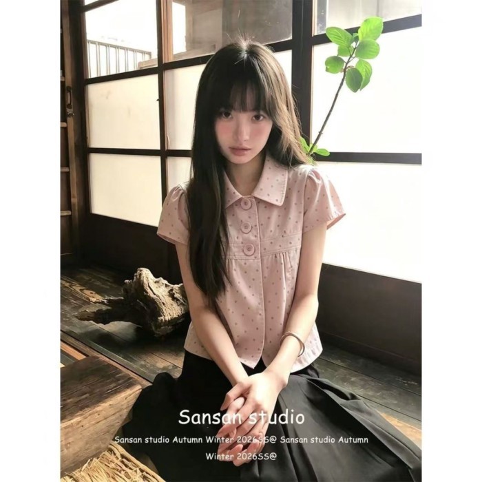 College Style Pink Polka Dot Short-sleeved Shirt For Women To Wear In Summer, Korean Style Sh