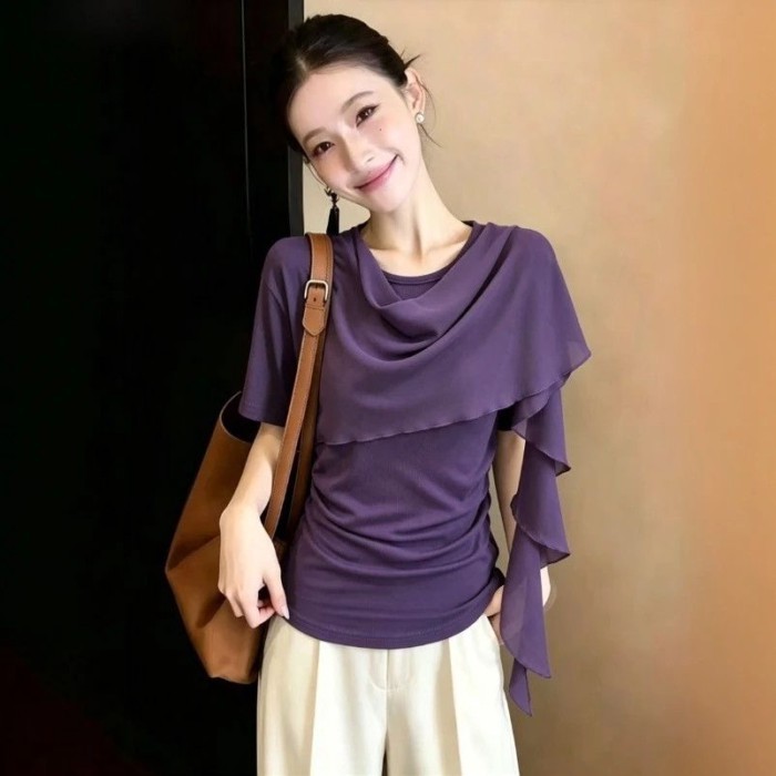 Plus size Áo thun voan ngắn tay không đều phong cách Hàn Quốc áo thun hơi giảm béo mùa hè cho nữ