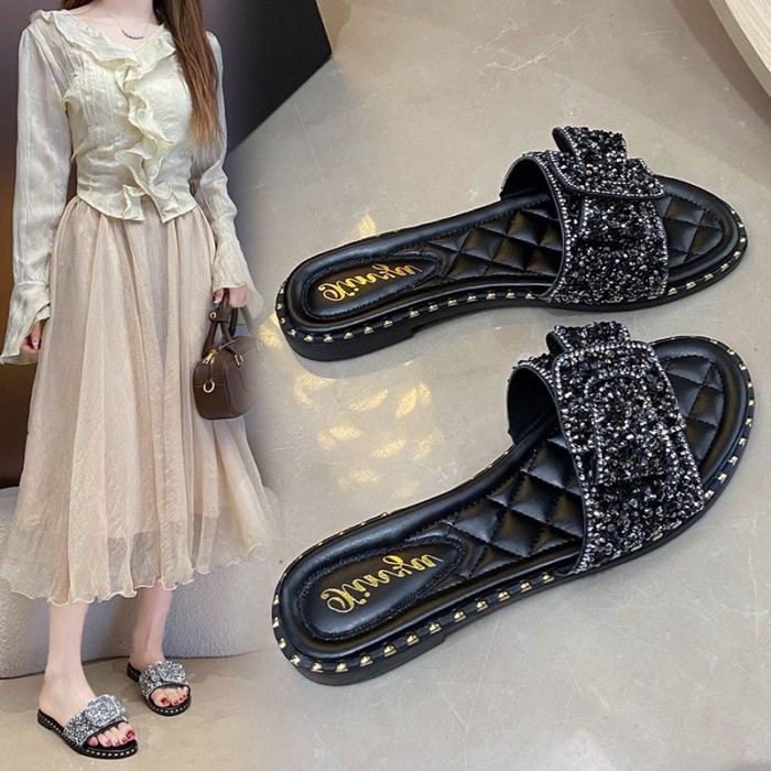 Giày lười nữ thắt nơ dành cho giới xã hội, dép sandal nữ thông thường mùa hè đế bệt cao cấp