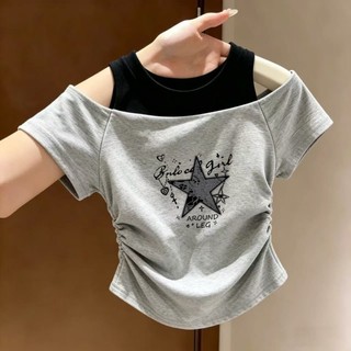 Bộ đồ mùa hè hai dây giả hai dây dành cho bé gái và trẻ em trung niên với áo trễ vai xếp ly không đ