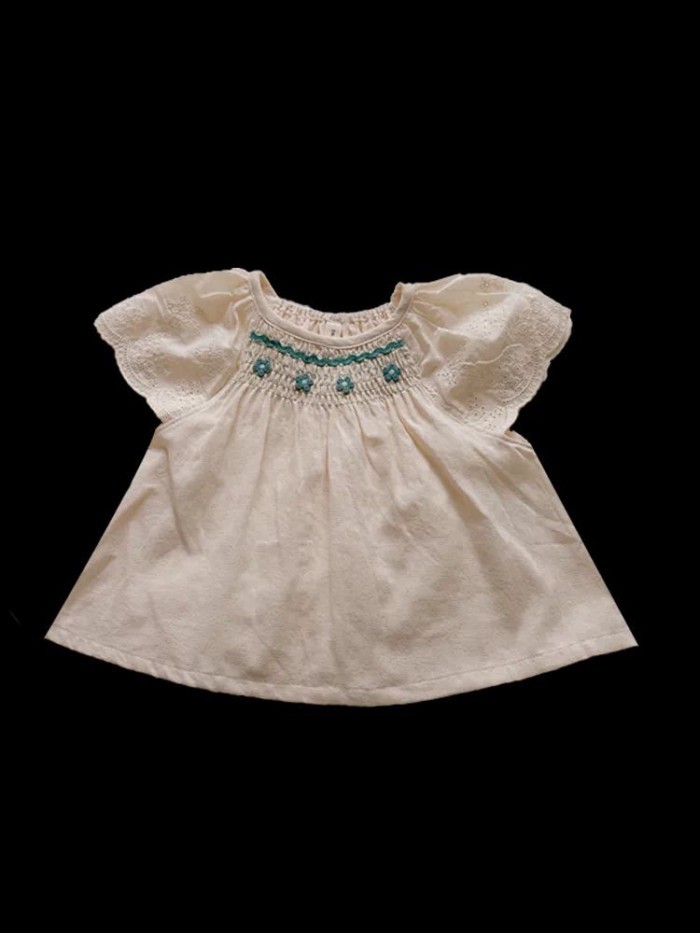 Girls Summer Lace Sleeve Babydoll Shirt Feminine Flower Embroidery Shirt Baby Fresh Summer We