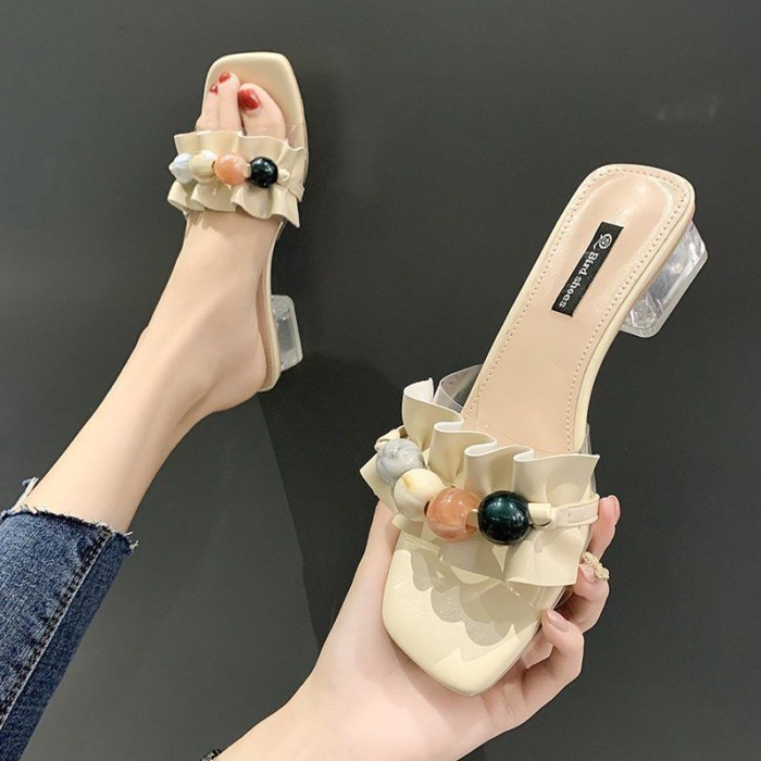 đôi sandal cao gót phong cách mùa hè mới mặc bên ngoài xếp li dép một chữ đính hạt pha lê gót cổ