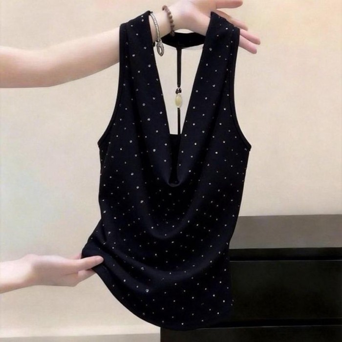 chấm bi dây cổ áo vest nữ mỏng ngày lễ phong cách gợi cảm thuần khiết Desire hở lưng Pháp không