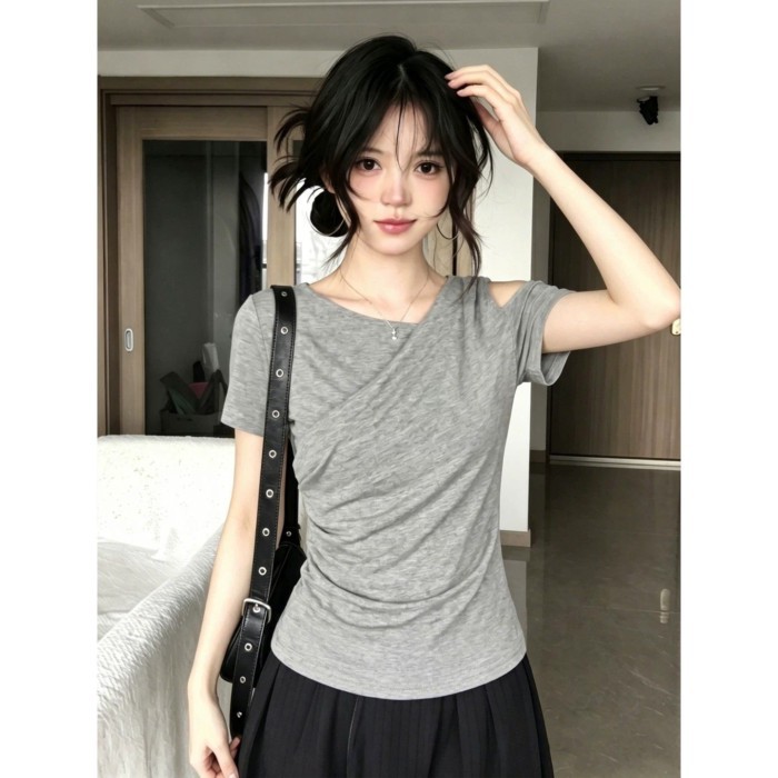 Modal Irregular Sloped Shoulder Short Sleeve T-shirt Women Summer New Slim Waist Short Off-Sh