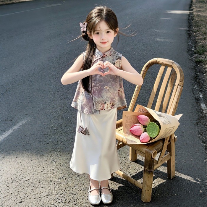 bé gái mới phong cách Trung Hoa váy sườn xám mùa hè mới trẻ em mỏng bé phong cách dân tộc vest v