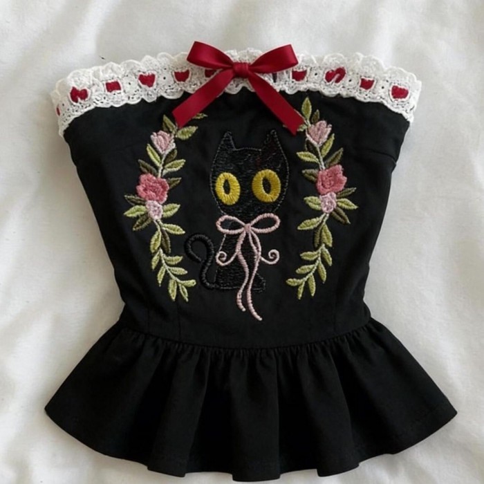 Phong Cách Retro Hoa In Hình Mèo Xếp Ly Ren Lãng Mạn Áo Vest Top Đen Vintage Treo Dây