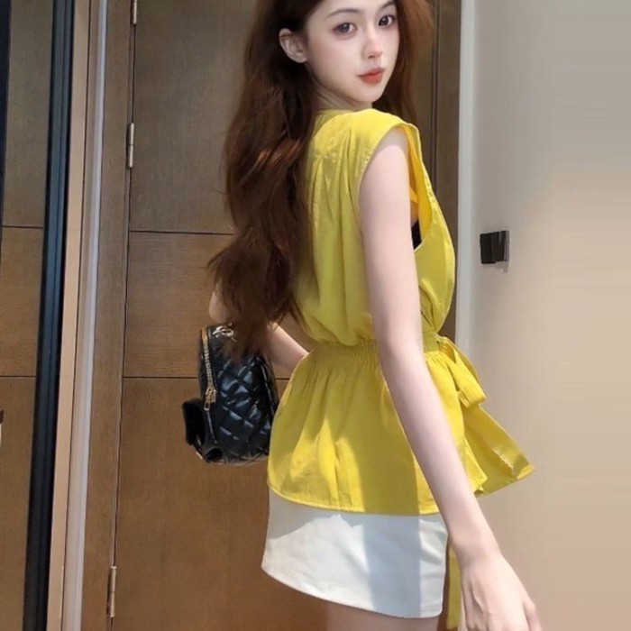 Áo yếm nữ dây cổ chữ V  thiết kế mùa hè của Pháp và áo không tay ôm eo thanh lịch