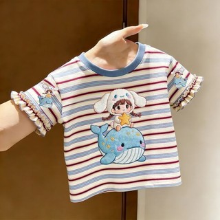Áo thun cotton sọc nguyên chất cho bé gái mặc mùa hè thiết kế thời trang ren ngắn tay quần áo đa nă