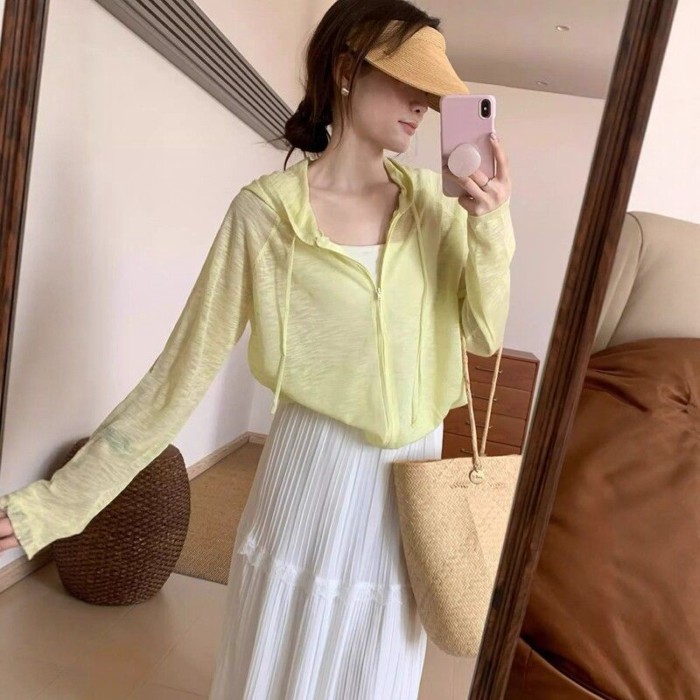 Áo khoác chống nắng mỏng có mũ trùm đầu bằng lụa băng phong cách Hàn Quốc dành cho nữ áo khoá