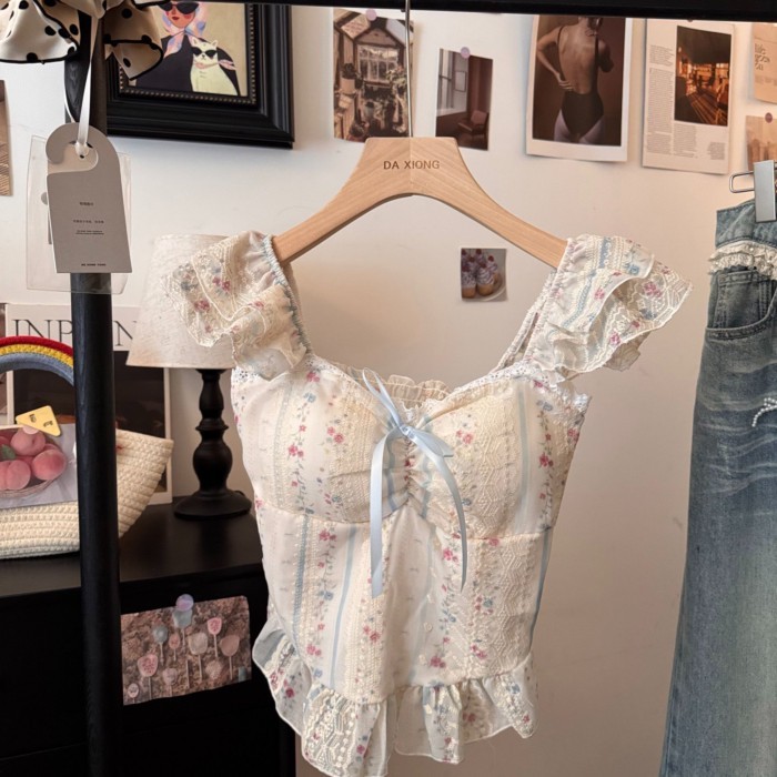 Áo sơ mi ngắn tay nhún bèo ren hoa phong cách ngọt ngào dành cho nữ, áo crop top cổ vuông mùa