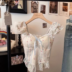 Áo sơ mi ngắn tay nhún bèo ren hoa phong cách ngọt ngào dành cho nữ, áo crop top cổ vuông mùa