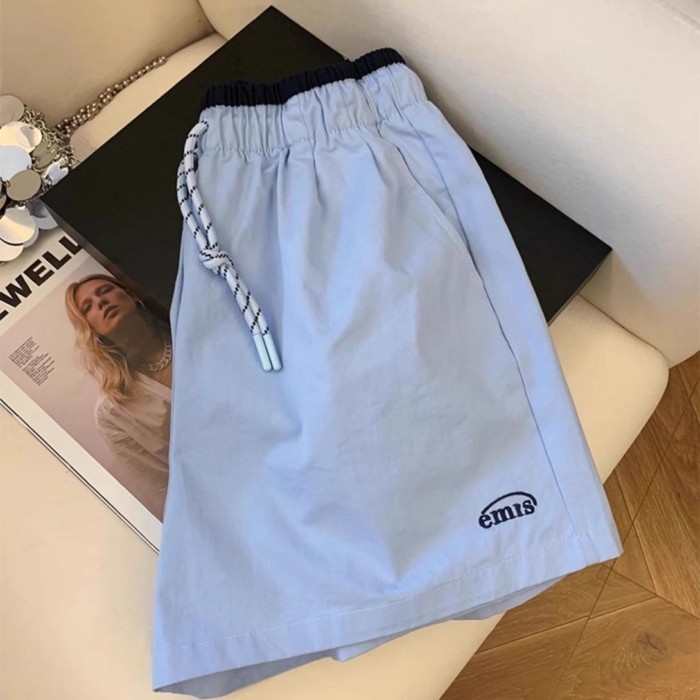 Korean Style Loose Spliced waist Shorts For Women Summer Drawstring Loose Lazy Style Casual S