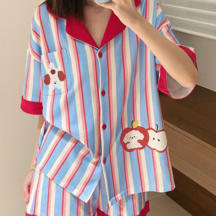 ins Korean Style Sweet Striped Apple Pajamas For Women Summer New Short-sleeved Shorts Casual