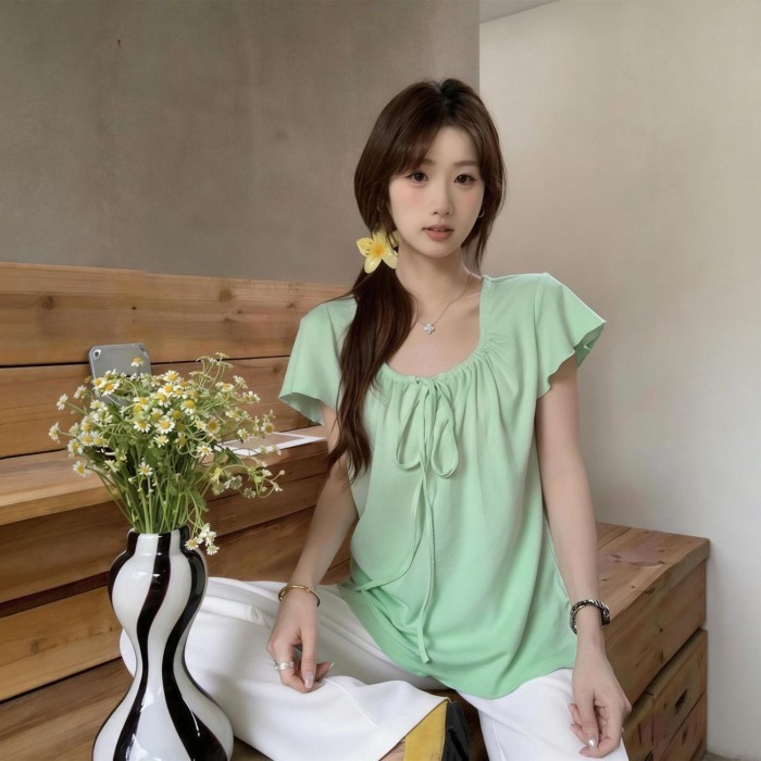 Áo thun ngắn tay cổ chữ U siêu đẹp, đẹp và độc đáo dành cho nữ mùa hè kiểu dáng mới thiết kế nhẹ