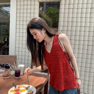 Áo vest cổ chữ V khoét rỗng màu đỏ dành cho nữ mùa hè Thiết kế mỏng Áo không tay dáng rộng đẹ