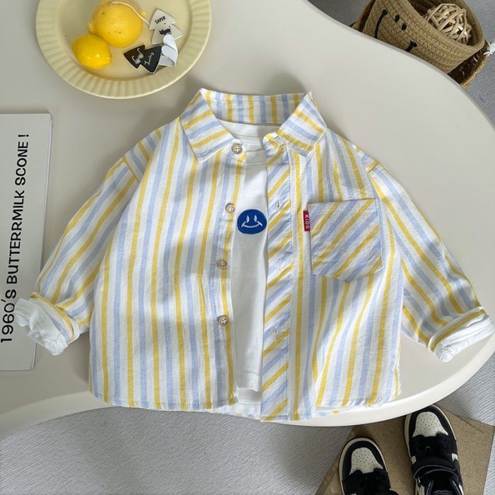 bé trai áo sơ mi sọc áo sơ mi bé trai quần áo trẻ em 1234 tuổi áo khoác cotton xuân thu phiên bả