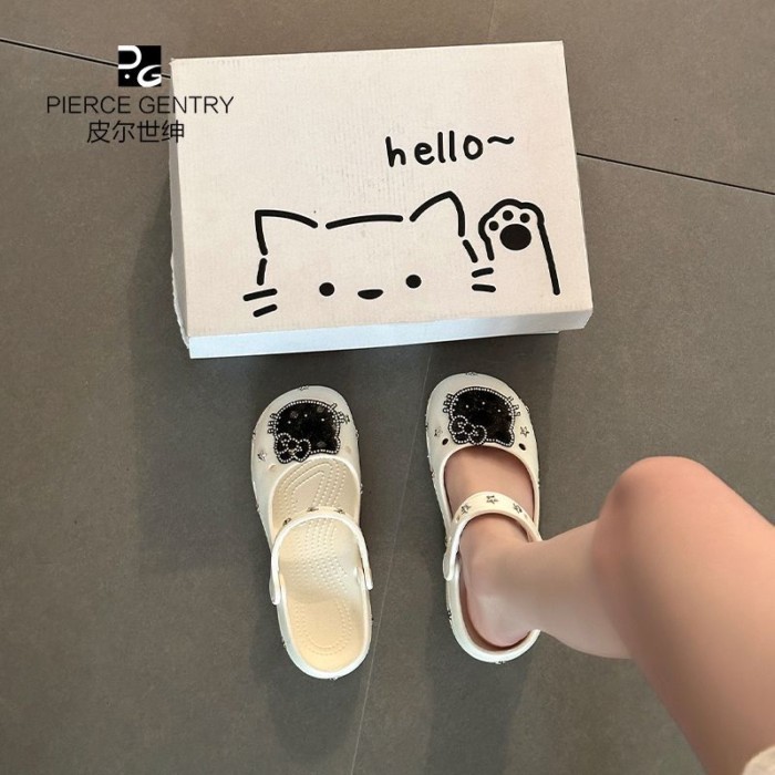 Mèo Hoạt Hình Họa Tiết Lỗ Nông Lỗ Cho Nữ Mùa Hè Mới Đế Dày Mary Jane Bên Ngoài Giày Phong Cách D