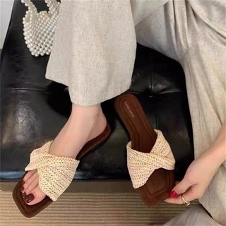 New Style Flat Square Toe Braided One-word Going Out Slippers For Women Summer Outer Wear Fre
