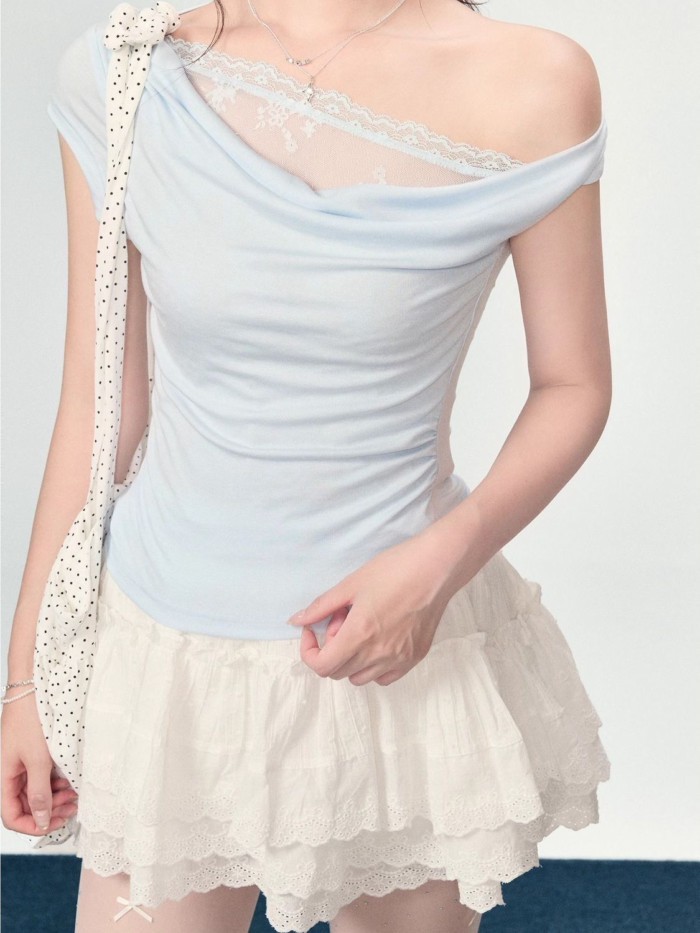 Cotton Pure Desire Swing Collar Lace Spliced Sloping Shoulder T-shirt Women's Summer New Hot