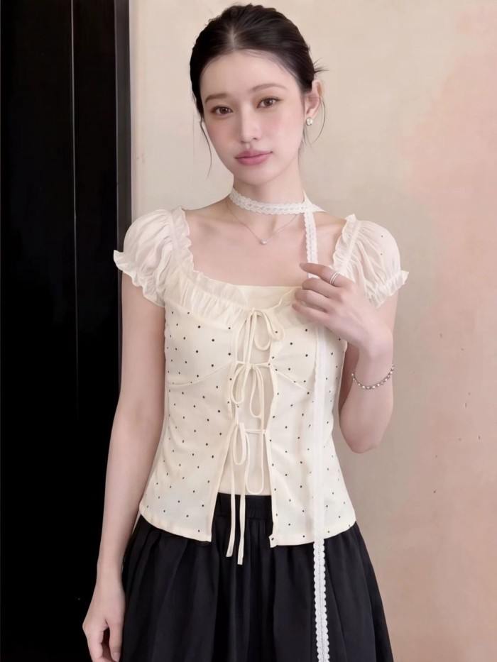 Korean Style Unique Lace Stitching Fake Two-piece Polka Dot Streamer One-shoulder Short-sleev
