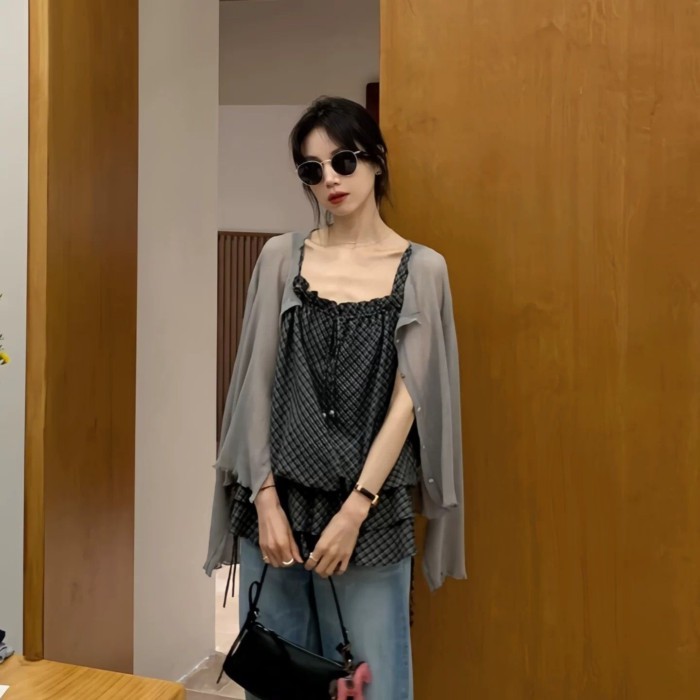 phiên bản Hàn Quốc của áo yếm kẻ sọc nổi tiếng trên Internet mùa hè mới dành cho nữ dây rút eo x
