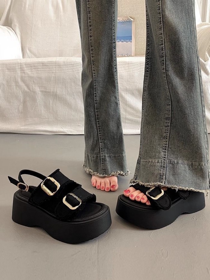 Sandal đế dày xinh xắn phối váy, áo khoác ngoài nữ, giày nêm La Mã cao cấp và đa năng