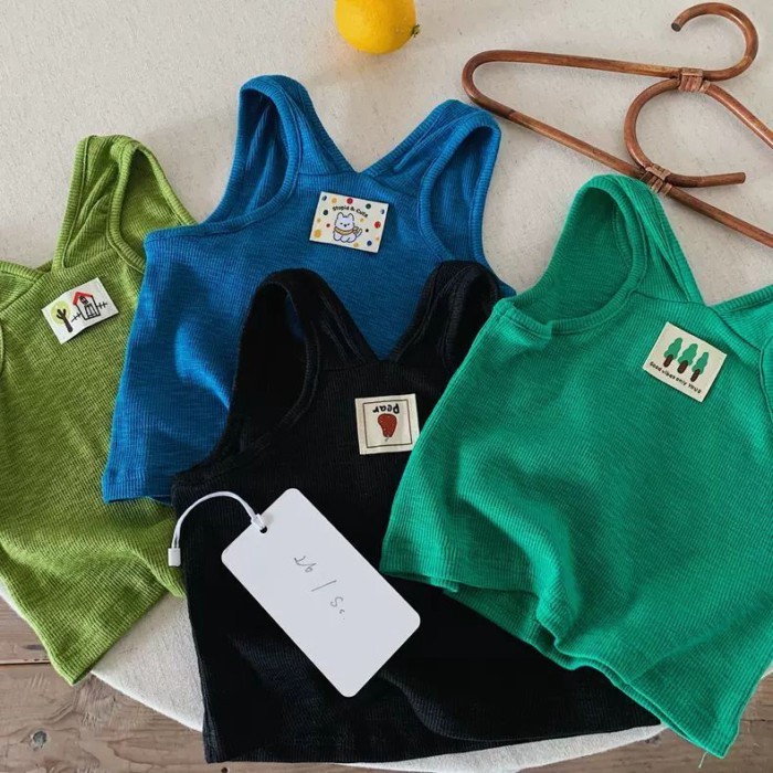 Children's Solid Color Vest Men's Summer New Children's Cartoon Label Top Baby High Elastic S