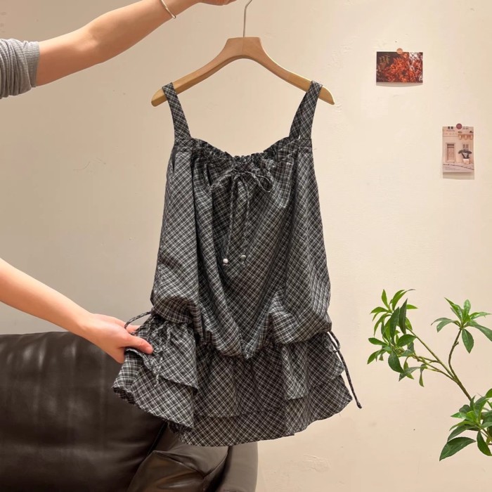 Áo yếm dây rút xếp nếp hai lớp phong cách nhẹ nhàng kiểu Pháp dành cho nữ mùa hè có dây rút cao