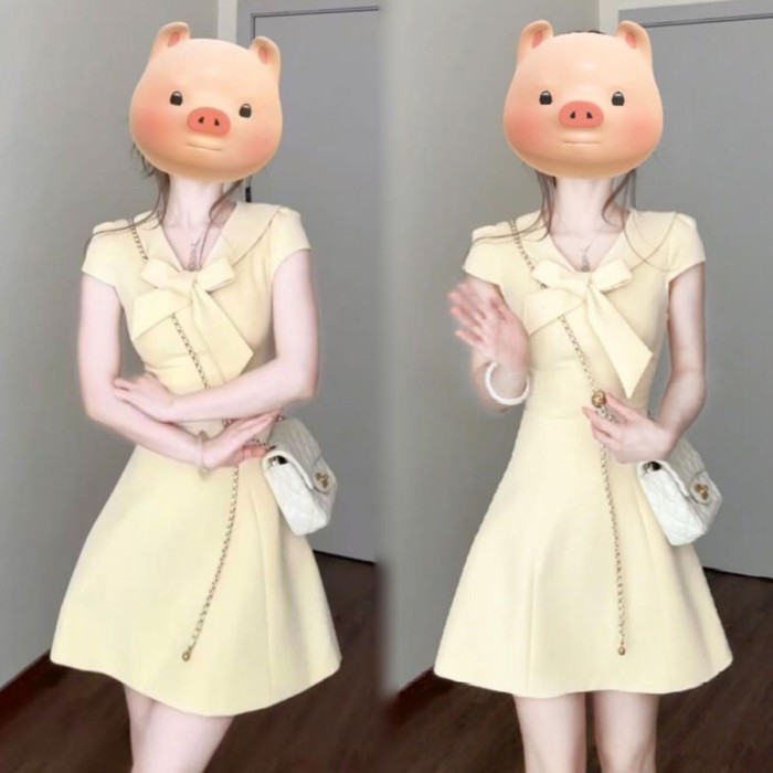 Summer Dopamine Temperament Pear-shaped Slim Dress Women's New Simple Design Waist Navy Colla